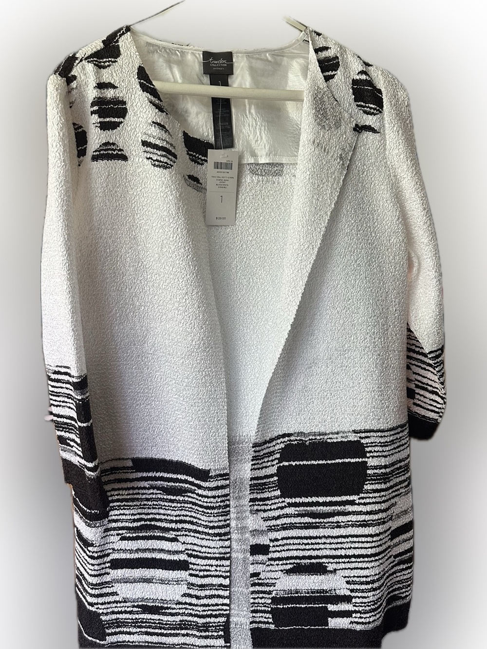 Lafayette 148 New York White Open-Front Cardigan with Black Graphic Pattern